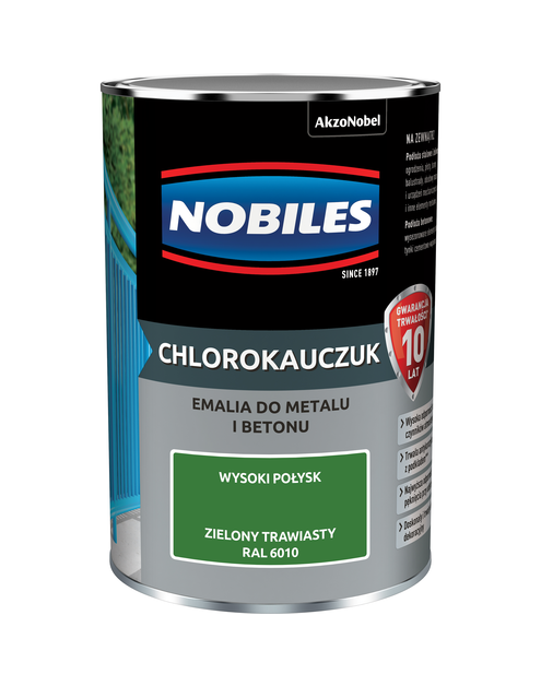Zdjęcie: Emalia do metalu i betonu Chlorokauczuk zielony trawiasty wysoki połysk 0,9 L NOBILES