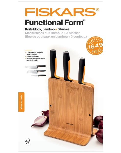 Zdjęcie: Zestaw noży bambusowych w bloku Functional Form 3 szt. FISKARS