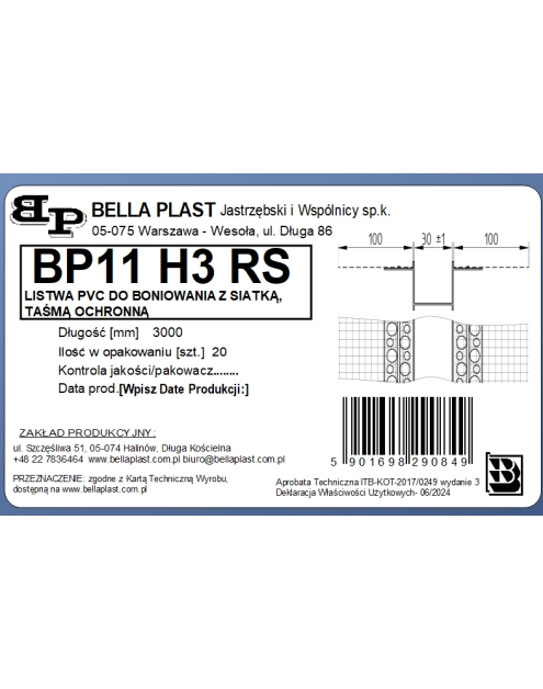 Zdjęcie: Listwa do boniowania PVC z siatką BP11 H3RS L300 biała BELLA PLAST
