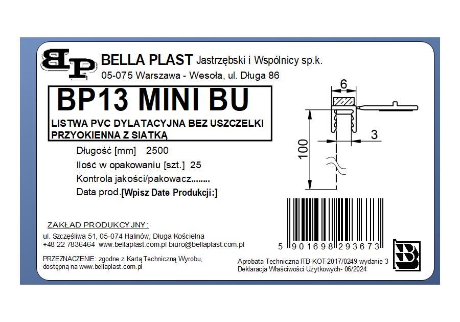 Zdjęcie: Listwa PVC BP13 Mini BU L250 6/3 biały, z siatką bez uszczelki BELLA PLAST