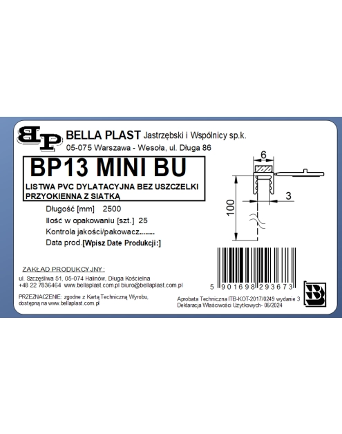 Zdjęcie: Listwa PVC BP13 Mini BU L250 6/3 biały, z siatką bez uszczelki BELLA PLAST
