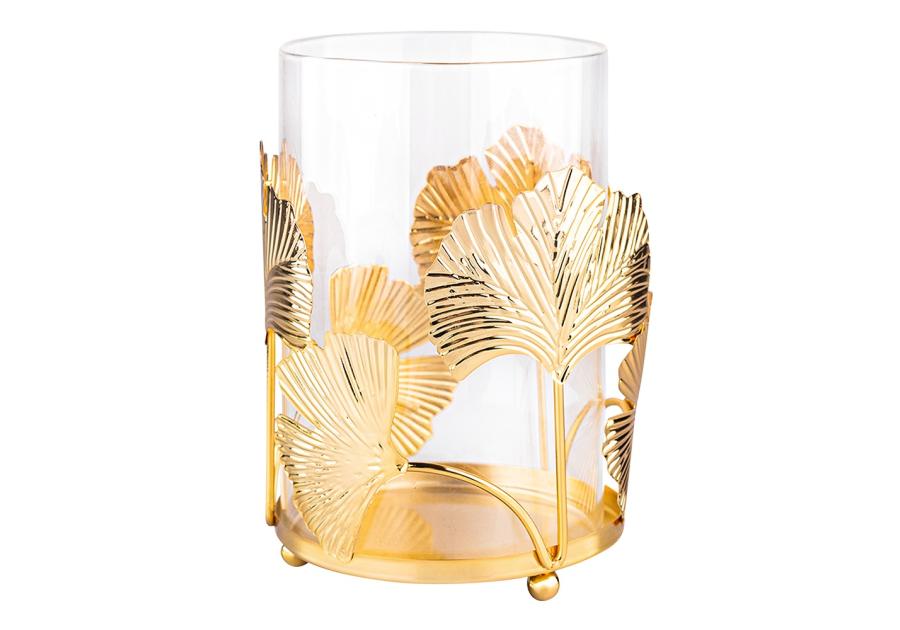 Zdjęcie: Świecznik szklany na metalowej podstawie 11x11x16 cm dekoracja Miłorząb złoty ALTOMDESIGN