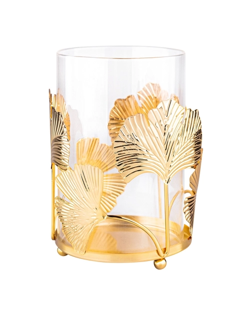 Zdjęcie: Świecznik szklany na metalowej podstawie 11x11x16 cm dekoracja Miłorząb złoty ALTOMDESIGN