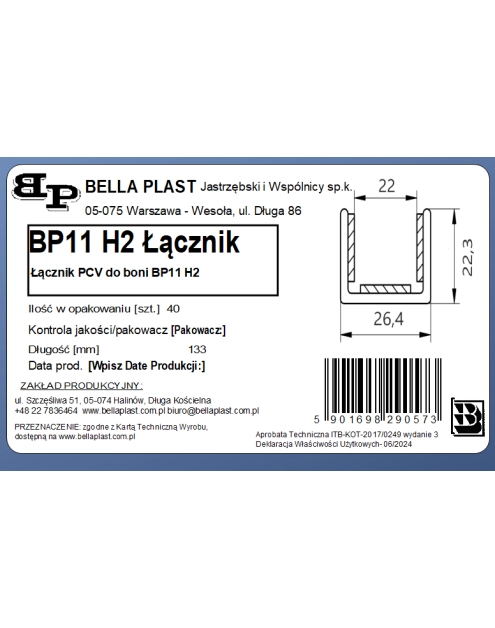 Zdjęcie: Łącznik wzdłużny BP11 H2 do listwy do boniowania BP11 H2 BELLA PLAST
