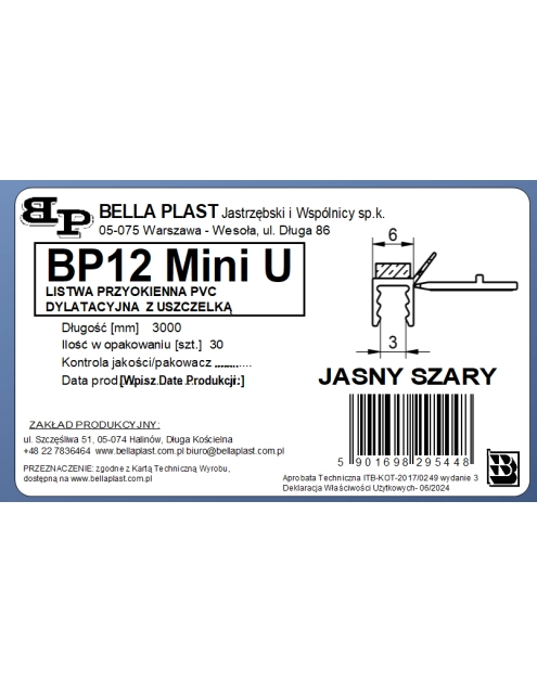 Zdjęcie: Listwa PVC BP12 Mini U L300 6/3 szary jasny, tynkarska z uszczelką BELLA PLAST