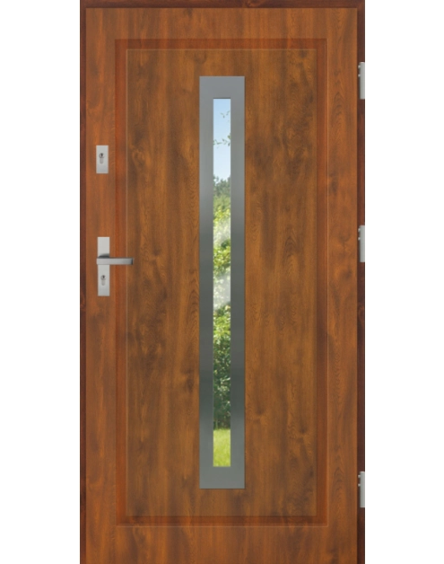 Zdjęcie: Drzwi zewnętrzne stalowo-drewniane Disting Figaro 04 Dąb złoty 90 cm prawe zamek listwowy KR CENTER
