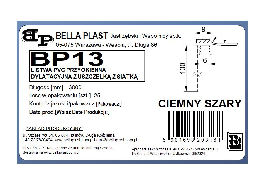 Zdjęcie: Listwa PVC BP13 L300 9/6 szary ciemny, przyokienna, dylatacyjna, z siatką i z uszczelką BELLA PLAST