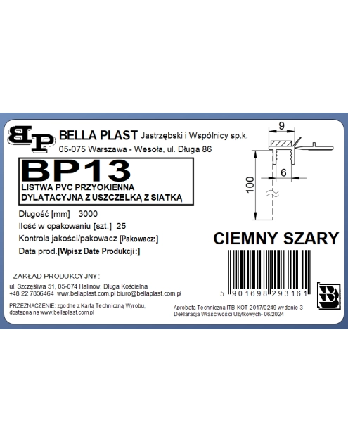 Zdjęcie: Listwa PVC BP13 L300 9/6 szary ciemny, przyokienna, dylatacyjna, z siatką i z uszczelką BELLA PLAST
