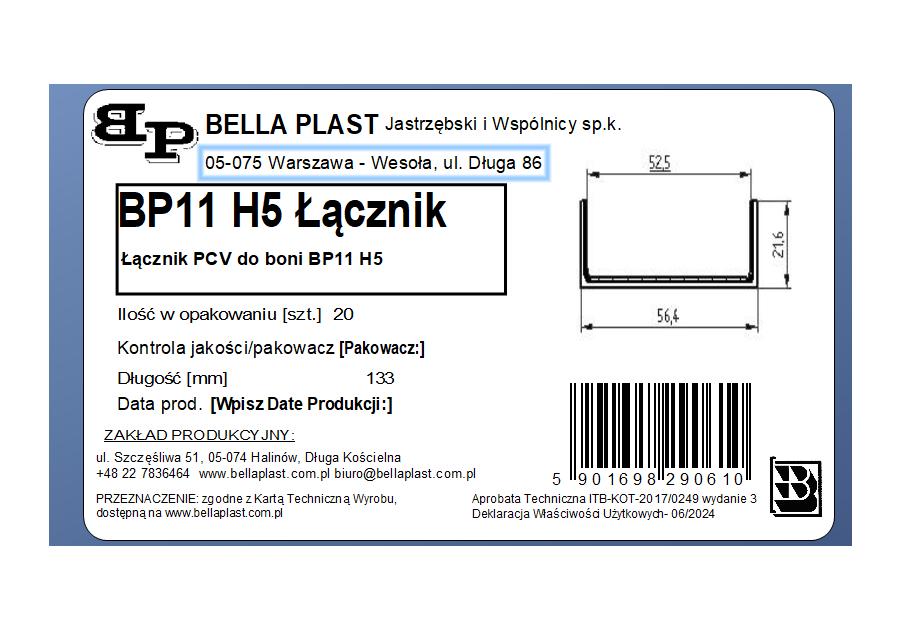 Zdjęcie: Łącznik wzdłużny do listwy do boniowania BP11 H5 BELLA PLAST