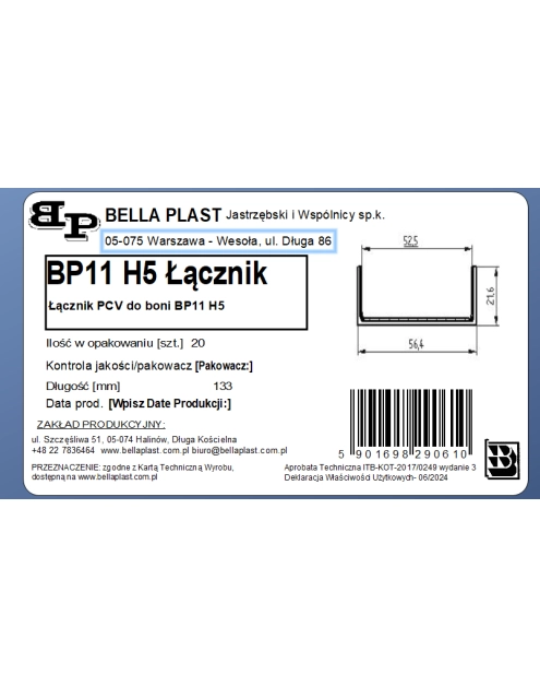 Zdjęcie: Łącznik wzdłużny do listwy do boniowania BP11 H5 BELLA PLAST