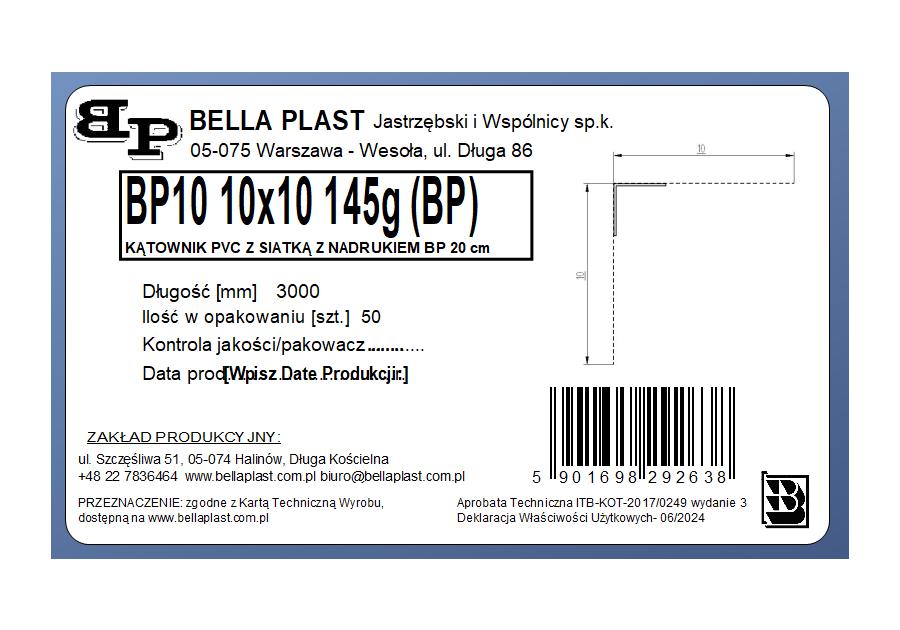 Zdjęcie: Kątownik prosty z siatką BP10 L300 20 cm BELLA PLAST
