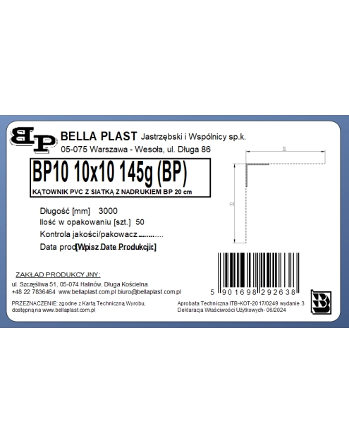 Zdjęcie: Kątownik prosty z siatką BP10 L300 20 cm BELLA PLAST