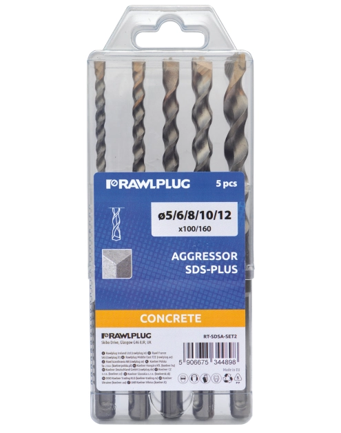 Zdjęcie: Zestaw wierteł Aggressor SDS Plus 5 szt., 5,6,8,10,12x100x160 mm RAWLPLUG