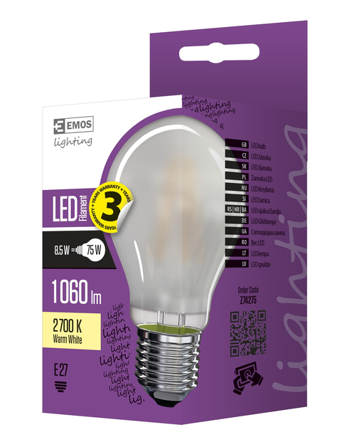 Zdjęcie: Żarówka LED Filament A60 A++ matowa 8,5W E27 ciepła biel EMOS