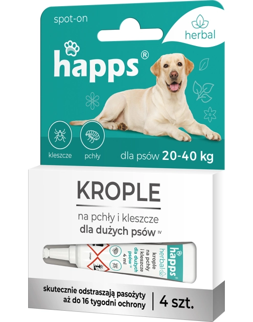 Zdjęcie: Krople na pchły i kleszcze dla dużych psów 20-40 kg 4 sztuki HAPPS HERBAL