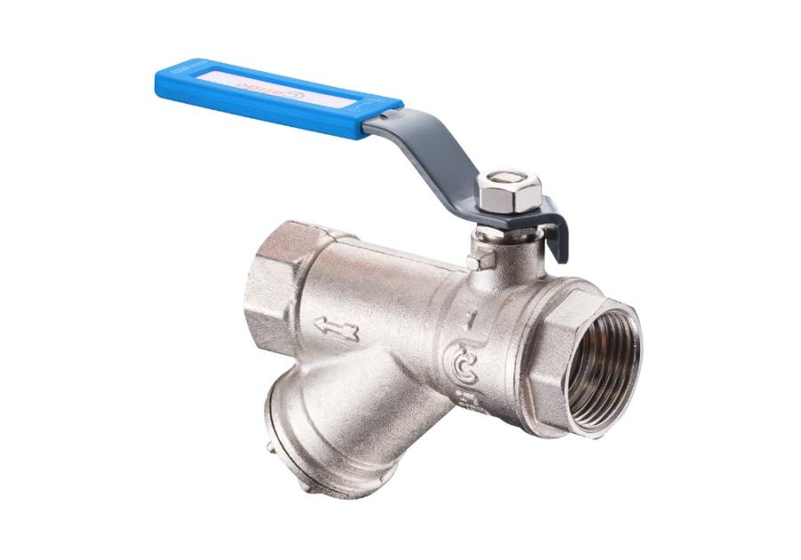 Zdjęcie: Zawór kulowy S30 W/W 1" z filtrem, z niebieską rączką, PN30 pełen nikiel CALIDO