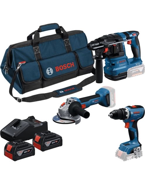 Zdjęcie: Zestaw elektronarzędzi (GSR 18V-65 + GBH 18V-22 + GWS 18V-8 (2x GBA 18V 4.0Ah; GAL 18V) BOSCH