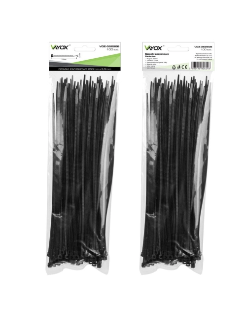 Zdjęcie: Opaski zaciskowe 3,5 mm, 250 mm czarne 100 szt. VOZ-35250B VAYOX