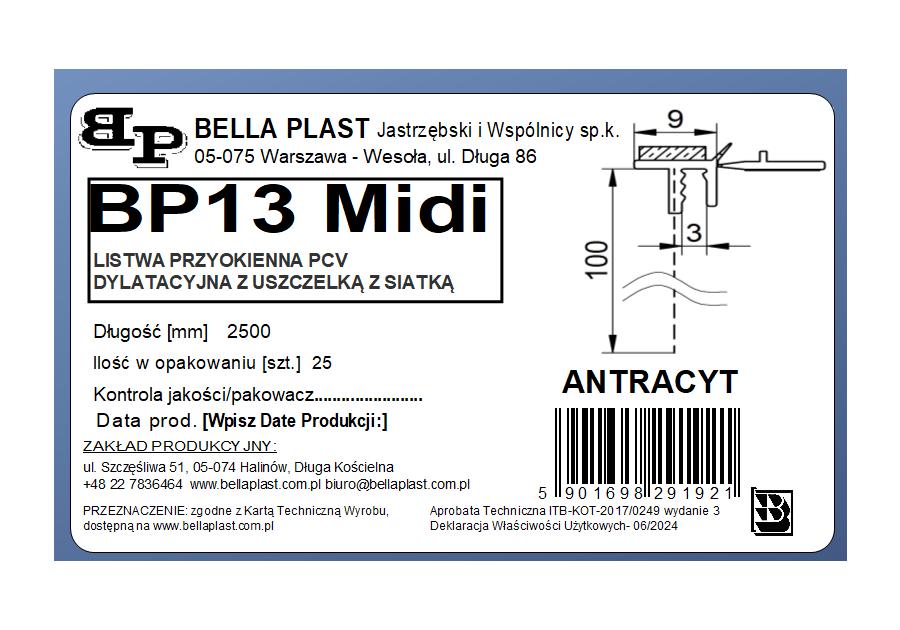 Zdjęcie: Listwa PVC BP13 Midi L250 9/3 antracyt, dylatacyjna, z siatką i z uszczelką BELLA PLAST
