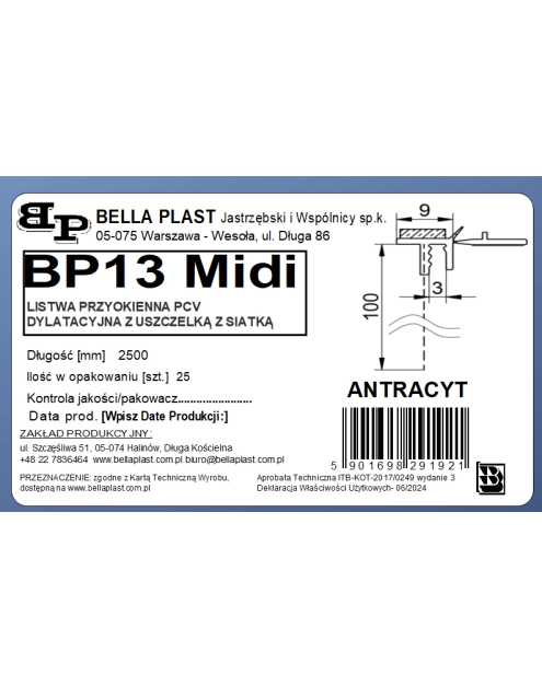 Zdjęcie: Listwa PVC BP13 Midi L250 9/3 antracyt, dylatacyjna, z siatką i z uszczelką BELLA PLAST