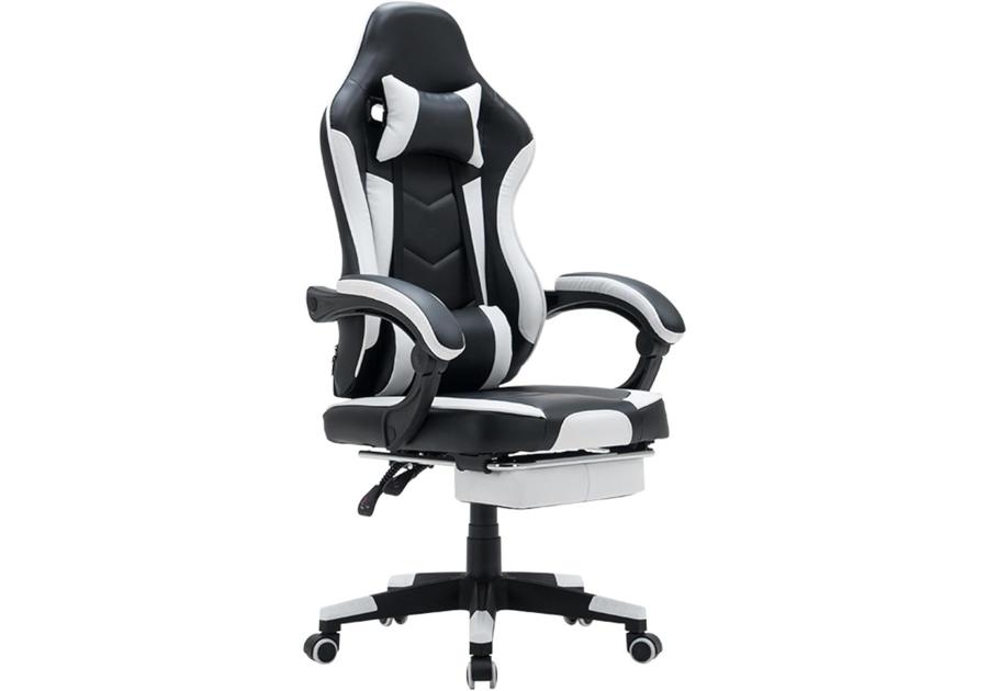 Zdjęcie: Fotel gamingowy Viper z podnóżkiem tapicerowany ekoskóra czarno-biały TS INTERIOR