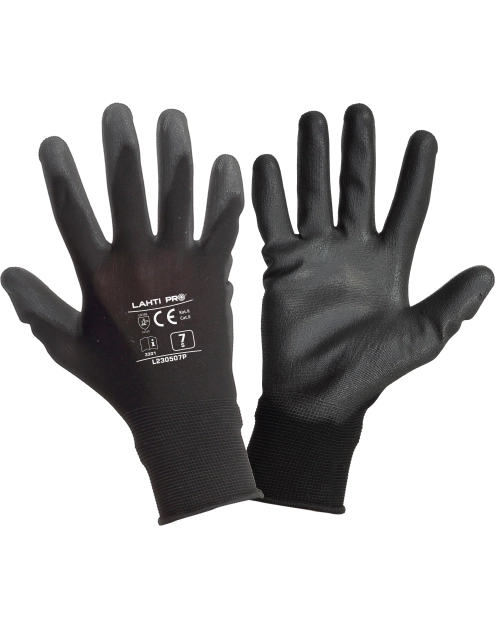Zdjęcie: Rękawice PU czarne, 12 par, 7, CE, LAHTI PRO