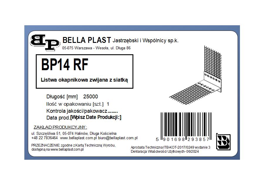 Zdjęcie: Listwa okapnikowa PVC BP14 RF L2500, podtynkowa, zwijana, z siatką BELLA PLAST