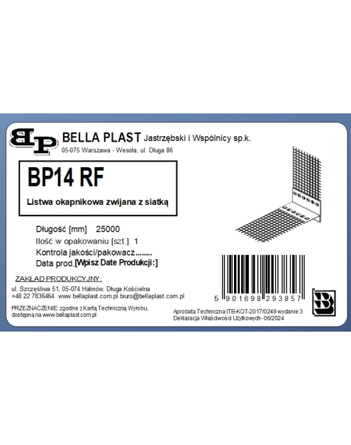 Zdjęcie: Listwa okapnikowa PVC BP14 RF L2500, podtynkowa, zwijana, z siatką BELLA PLAST