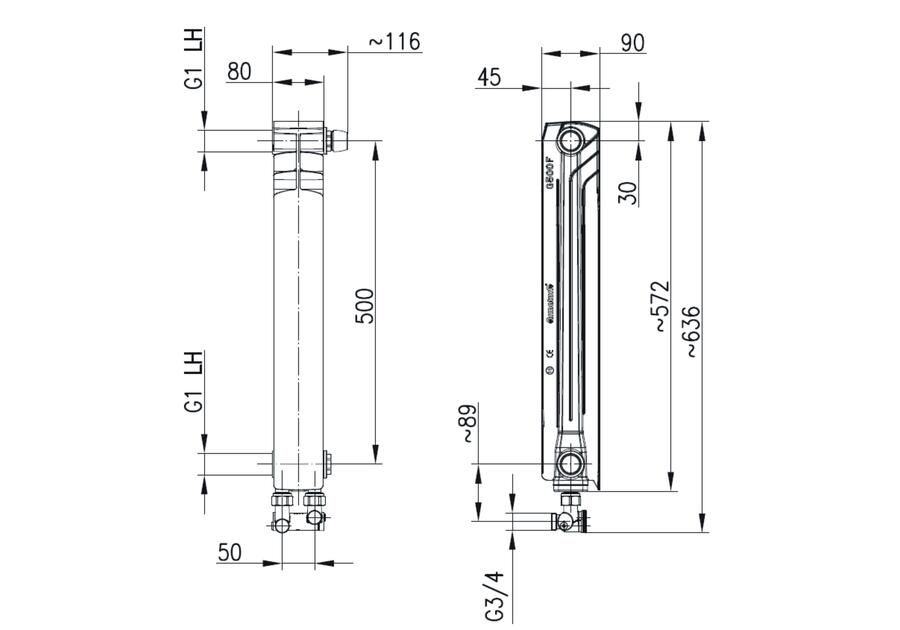 Zdjęcie: element grzejnikowy prawy G500 F/D/1 z dolnym zasilaniem krzyżowym KFA