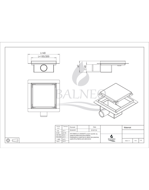 Zdjęcie: Odpływ liniowy kwadratowy SQ-Drain 15x15 cm BALNEO