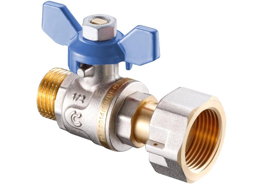Zdjęcie: Zawór kulowy z ruchomą nakrętką w/z 1/2"x3/4" z niebieskim motylkiem CALIDO