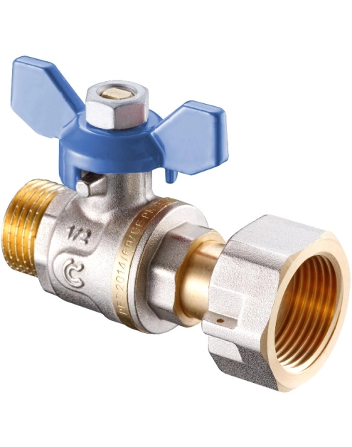 Zdjęcie: Zawór kulowy z ruchomą nakrętką w/z 1/2"x3/4" z niebieskim motylkiem CALIDO