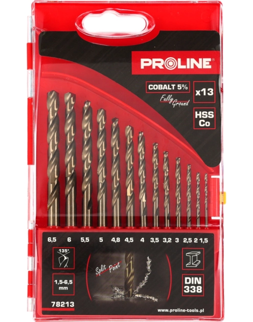 Zdjęcie: Wiertła do metalu HSSCo DIN338 szlifowane 13 szt. 1,5-6,5 mm PROLINE