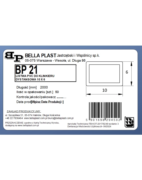 Zdjęcie: Profil dystansowy do klinkieru BP21 6x10 L200 czarny BELLA PLAST