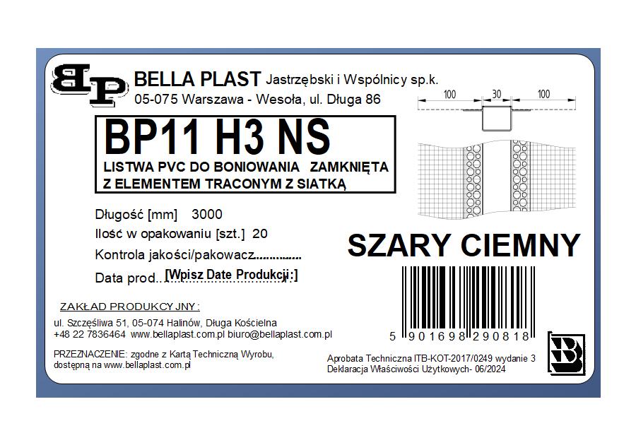Zdjęcie: Listwa do boniowania PVC z siatką BP11 H3NS L300 szary ciemny BELLA PLAST