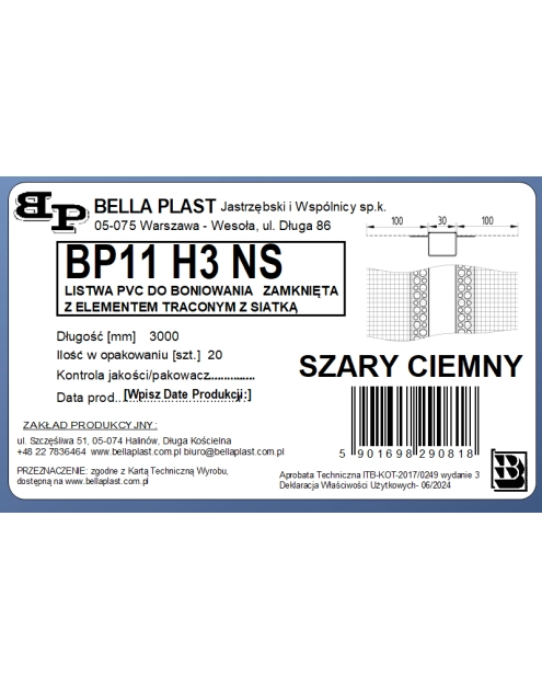 Zdjęcie: Listwa do boniowania PVC z siatką BP11 H3NS L300 szary ciemny BELLA PLAST