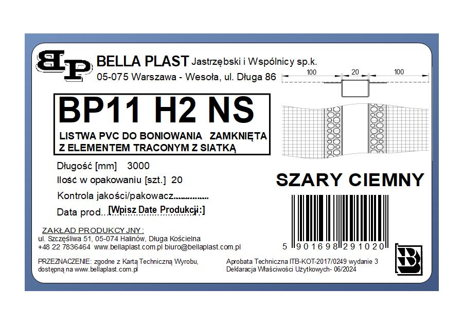 Zdjęcie: Listwa do boniowania PVC z siatką, zamknięta BP11 H2NS L300 szary ciemny BELLA PLAST