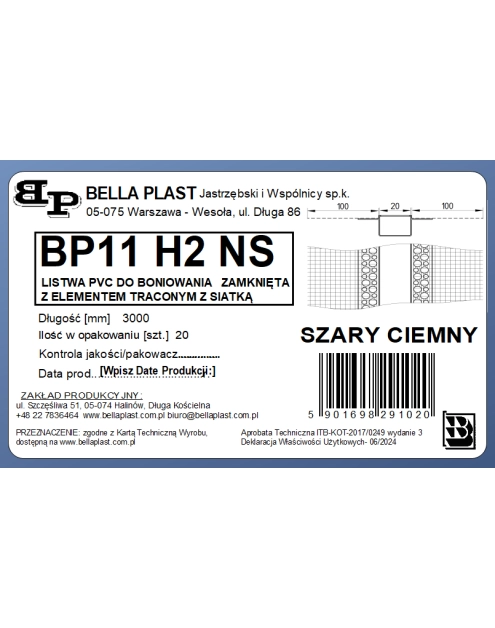 Zdjęcie: Listwa do boniowania PVC z siatką, zamknięta BP11 H2NS L300 szary ciemny BELLA PLAST