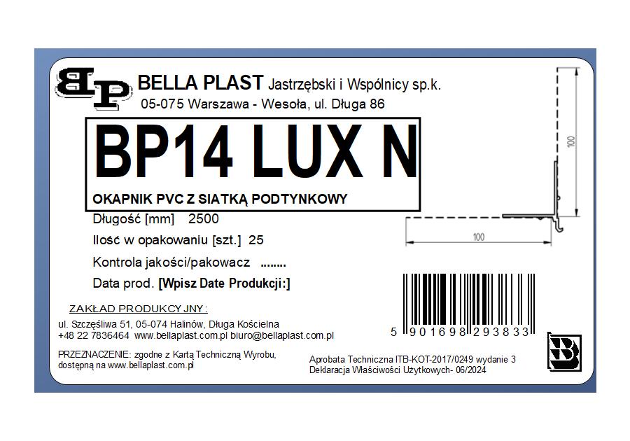 Zdjęcie: Listwa PVC okapnikowa, podtynkowa z siatką BP14 Lux N L250 biała BELLA PLAST