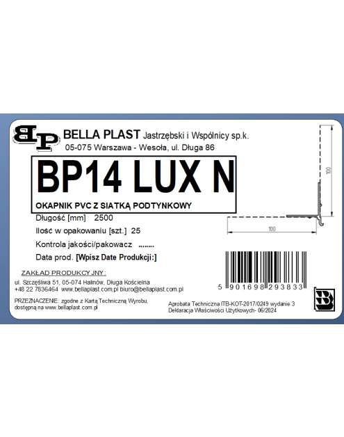 Zdjęcie: Listwa PVC okapnikowa, podtynkowa z siatką BP14 Lux N L250 biała BELLA PLAST