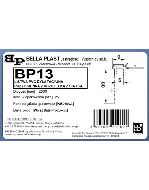 Zdjęcie: Listwa PVC BP13 L250 9/6 biały, przyokienna, dylatacyjna, z siatką i z uszczelką BELLA PLAST