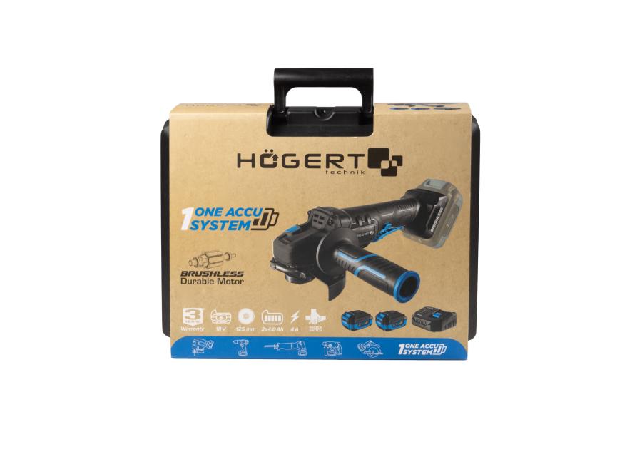 Zdjęcie: Szlifierka kątowa bezszczotkowa 125 mm z włącznikiem łopatkowym 18 V zestaw HOGERT TECHNIK