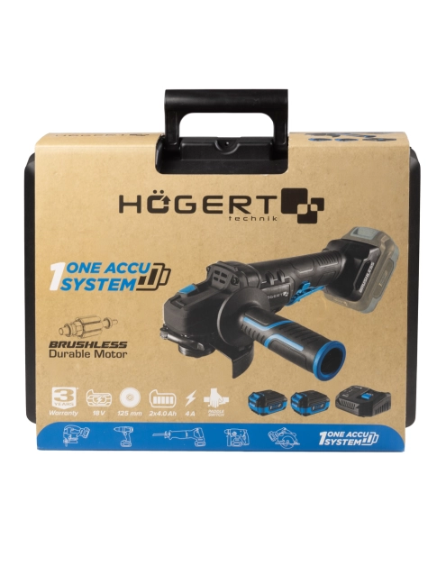 Zdjęcie: Szlifierka kątowa bezszczotkowa 125 mm z włącznikiem łopatkowym 18 V zestaw HOGERT TECHNIK