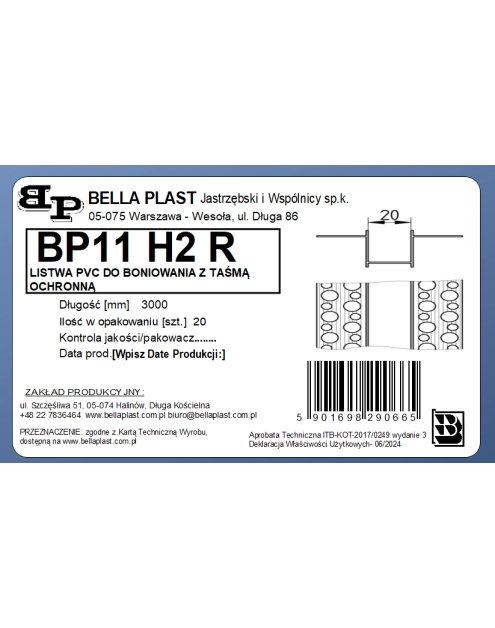 Zdjęcie: Listwa do boniowania PVC bez siatki BP11 H2R L300 biała BELLA PLAST