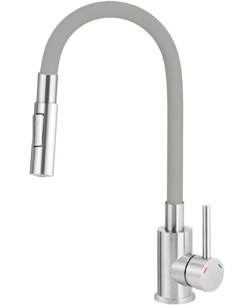 Zdjęcie: Bateria zlewozmywakowa z giętą wylewką Luno, stal, szary, słuchawka 2-funkcyjna DEANTE