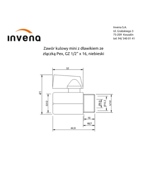 Zdjęcie: Zawór kulowy mini z dławikiem ze złączką Pex, GZ 1/2x16, niebieski INVENA