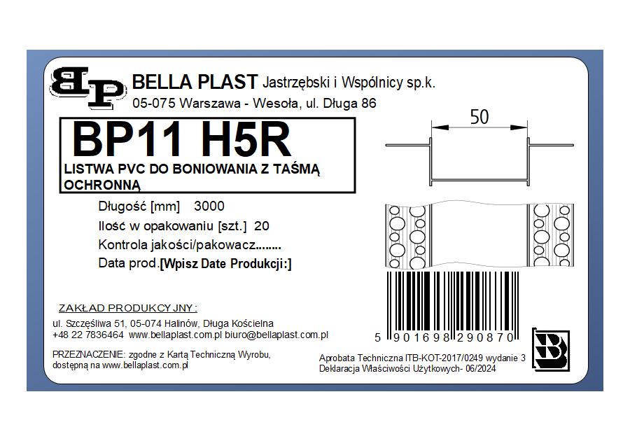 Zdjęcie: Listwa do boniowania PVC bez siatki BP11 H5R L300 biała BELLA PLAST