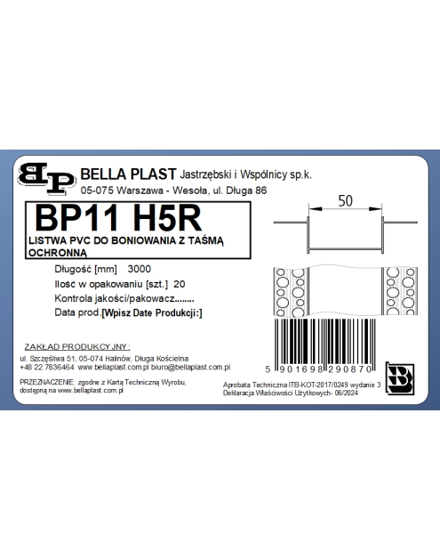 Zdjęcie: Listwa do boniowania PVC bez siatki BP11 H5R L300 biała BELLA PLAST