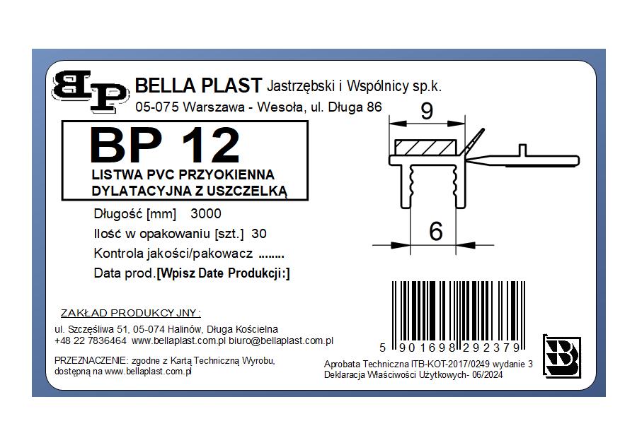 Zdjęcie: Listwa PVC BP12 L300 9/6 biały, przyokienna, dylatacyjna, tynkarska z uszczelką BELLA PLAST