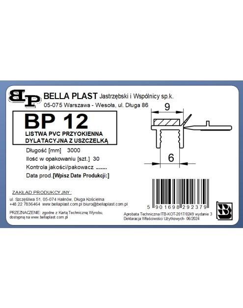 Zdjęcie: Listwa PVC BP12 L300 9/6 biały, przyokienna, dylatacyjna, tynkarska z uszczelką BELLA PLAST